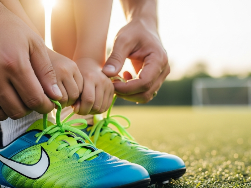 Parent aidant son enfant à choisir les bonnes chaussures de foot pour enfant sur un terrain
