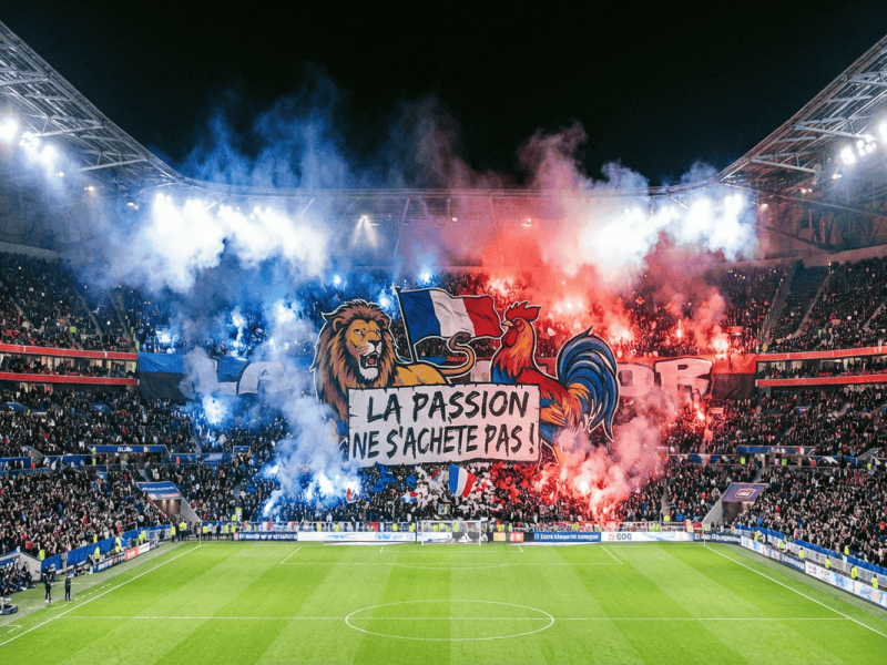 Tifo géant et fumigènes dans un stade de football français en 2026 avec message de résistance.