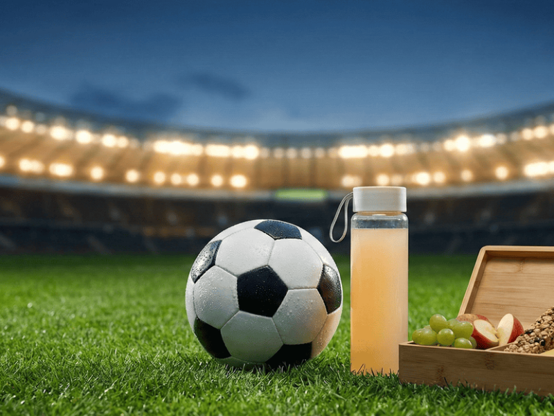 Ballon de football posé sur la pelouse d'un stade à côté d'une collation saine et d'une boisson de récupération.
