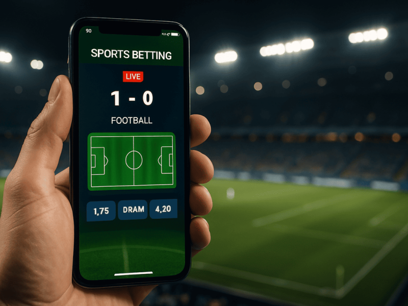 Comparatif des meilleures applications de paris sportifs pour 2026 sur un smartphone avec un stade de football en arrière-plan.