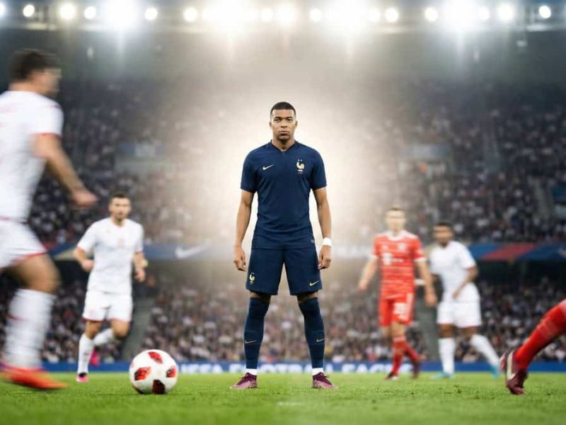 Footballeur professionnel parfaitement concentré et lucide au milieu d'une action de match floue, illustrant la performance mentale.