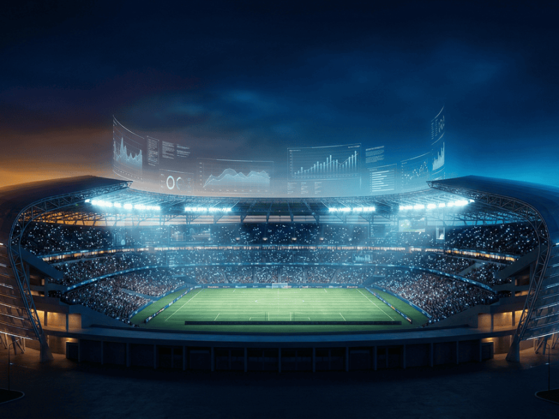 Vue panoramique d'un stade de football futuriste en 2026 avec des données numériques en superposition illustrant l'évolution des paris sportifs