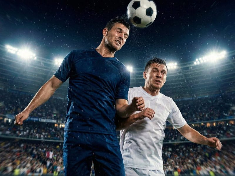 Footballeur remportant un duel aérien de la tête sous les projecteurs d'un stade, illustrant le gain de puissance musculaire et de détente