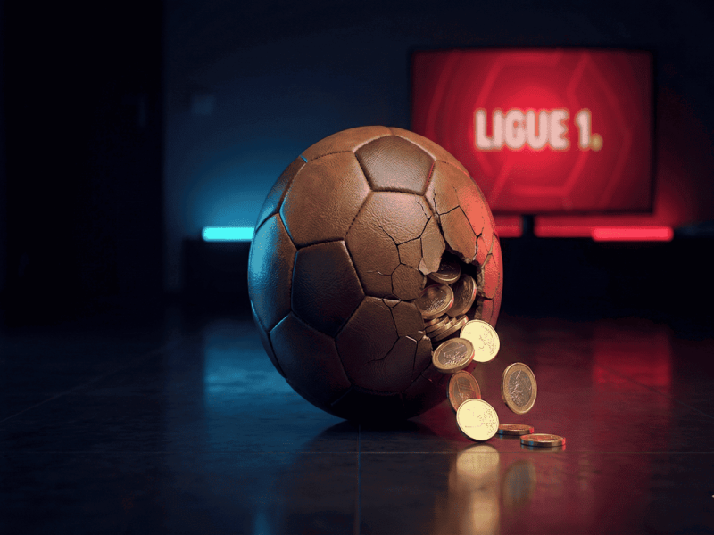 Ballon de football se brisant en pièces d'euros devant un écran TV, symbolisant la crise financière de la Ligue 1 et la chute des droits TV.