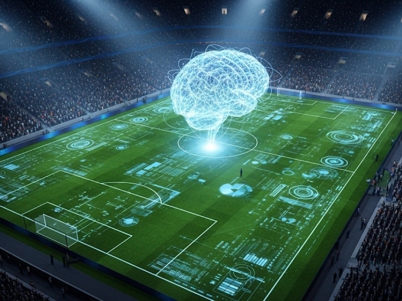 Cerveau de données flottant au-dessus d'un terrain de football pour illustrer la révolution de la data