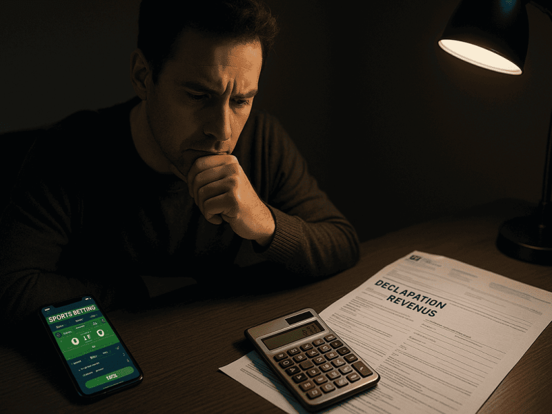Personne réfléchissant à la déclaration de ses gains de paris sportifs aux impôts en France.