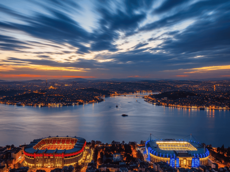 Vue aérienne des stades de Fenerbahçe et Galatasaray se faisant face de part et d'autre du Bosphore à Istanbul.