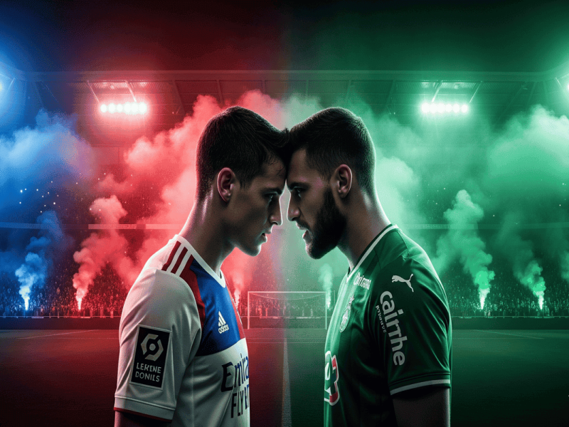 Image à la une de l'article sur le derby OL-ASSE, montrant un face-à-face intense entre un joueur lyonnais et un joueur stéphanois dans un stade divisé aux couleurs des deux clubs.
