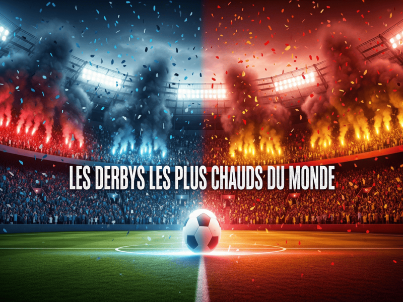 Illustration représentant l'intensité des derbys de football avec des supporters, des fumigènes et un ballon au centre.