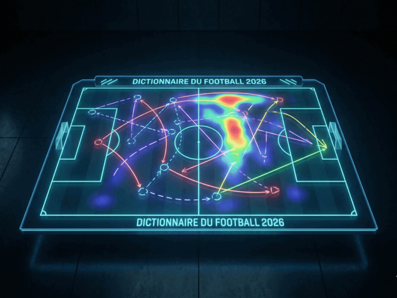 Terrain de football holographique montrant des schémas tactiques futuristes et de la data.