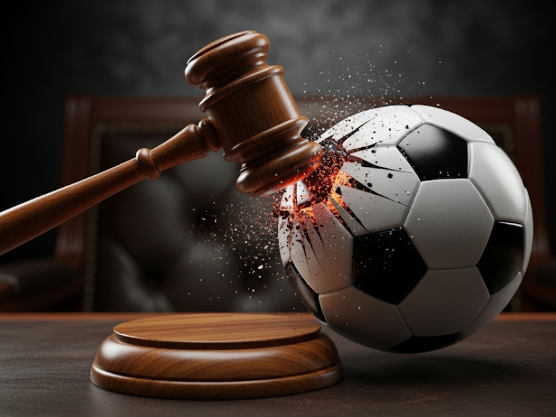 Un marteau de juge en bois frappe et brise un ballon de football, symbolisant la dissolution judiciaire d'un club sportif