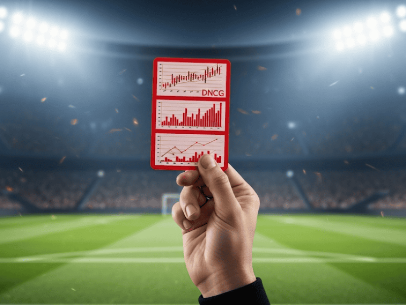 Main d'arbitre tenant une carte rouge financière symbolisant le rôle de la DNCG dans le football français