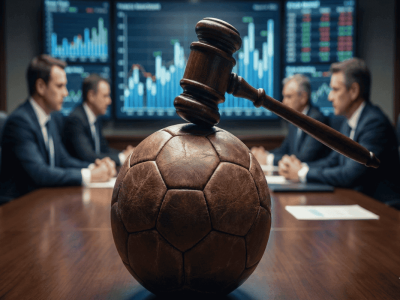 Marteau de juge posé sur un ballon de football symbolisant la DNCG.