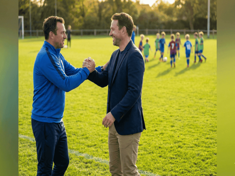 Dirigeant de club de foot amateur serrant la main d'un sponsor entreprise sur un terrain.