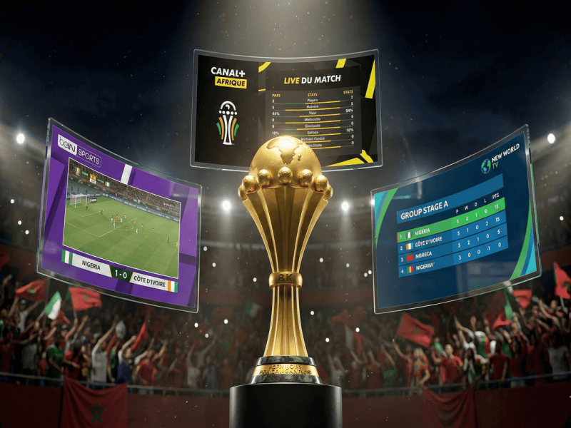 Trophée de la CAN 2025 entouré des écrans des diffuseurs officiels beIN Sports, Canal+ et New World TV