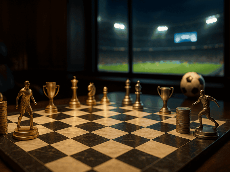 Échiquier en marbre avec des pièces de football symbolisant la stratégie financière du mercato.