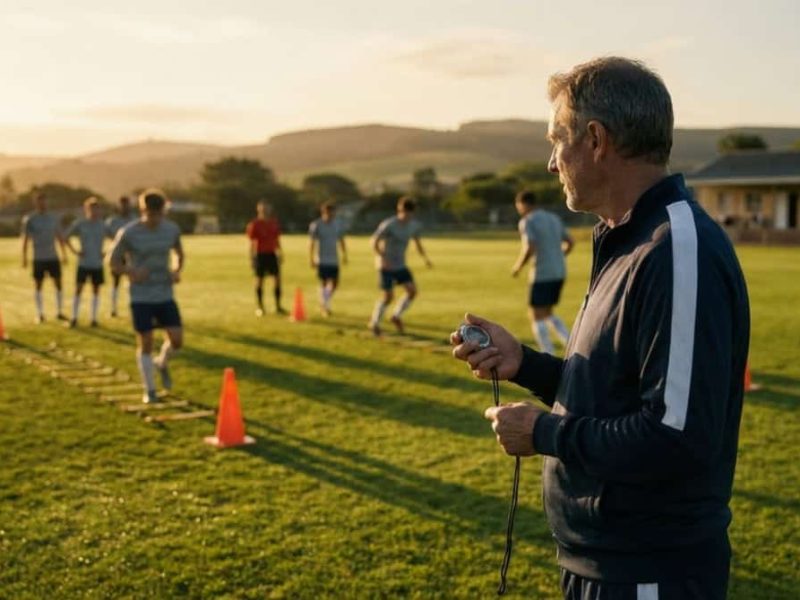 Coach de football amateur supervisant une séance d'entraînement avec du matériel de qualité professionnelle.