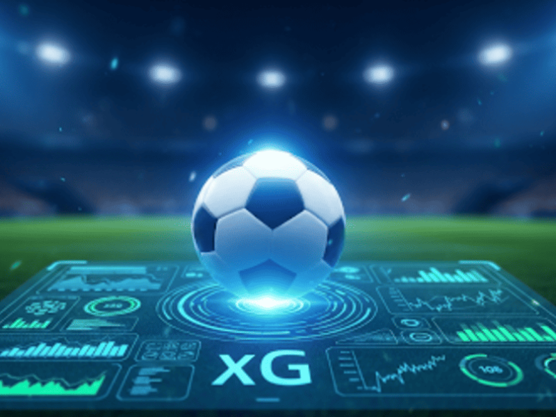 Illustration d'un ballon de football lumineux sur une interface holographique affichant des graphiques de statistiques xG