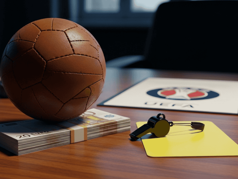 Un ballon de football posé sur des billets d'euros avec un sifflet et un carton, symbolisant les règles du fair-play financier de l'UEFA