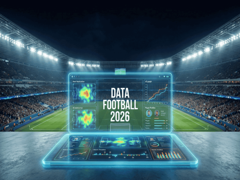 Illustration futuriste d'un stade de football avec une interface holographique affichant des statistiques avancées "Data Football 2026"