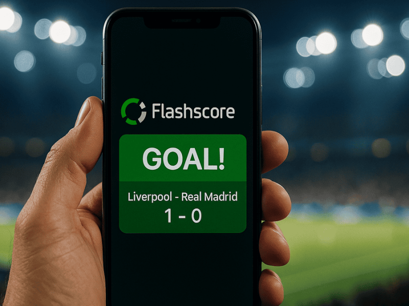 Un supporter de football regarde une notification de but sur l'application Flashscore sur son téléphone dans un stade.