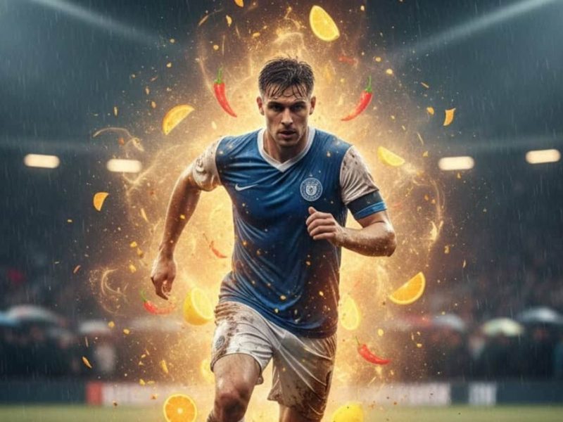 Joueur de football professionnel en plein effort sous la pluie, protégé par une aura énergétique symbolisant la vitamine C