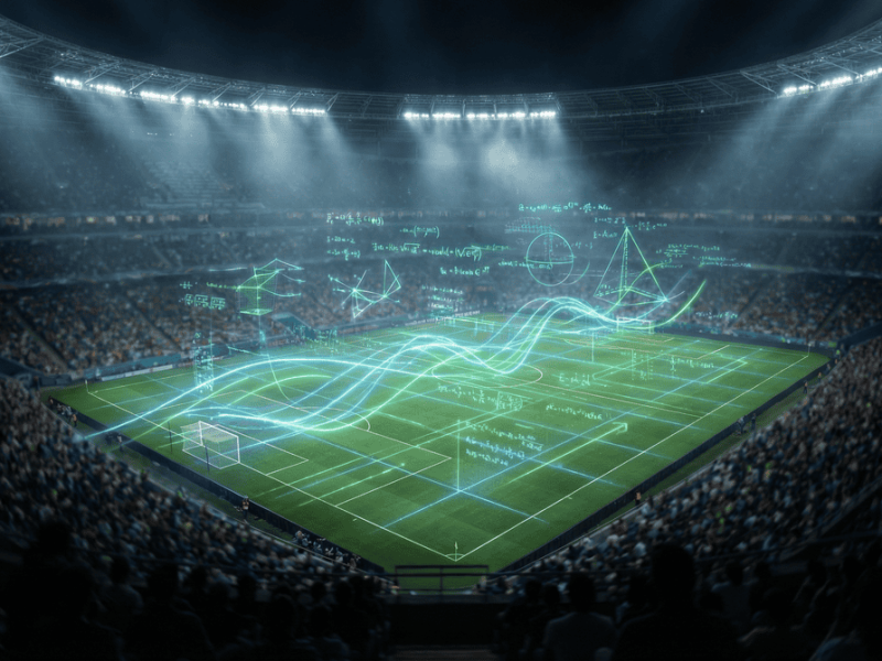 Vue cinématique d'un stade de football illuminé de nuit avec des superpositions graphiques numériques bleues et vertes symbolisant l'analyse de données et les statistiques avancées.