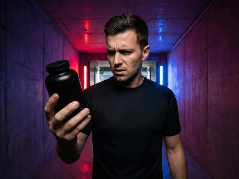 Footballeur professionnel dans un tunnel de stade regardant avec méfiance un pot de compléments alimentaires, illustrant les risques de dopage et de santé.