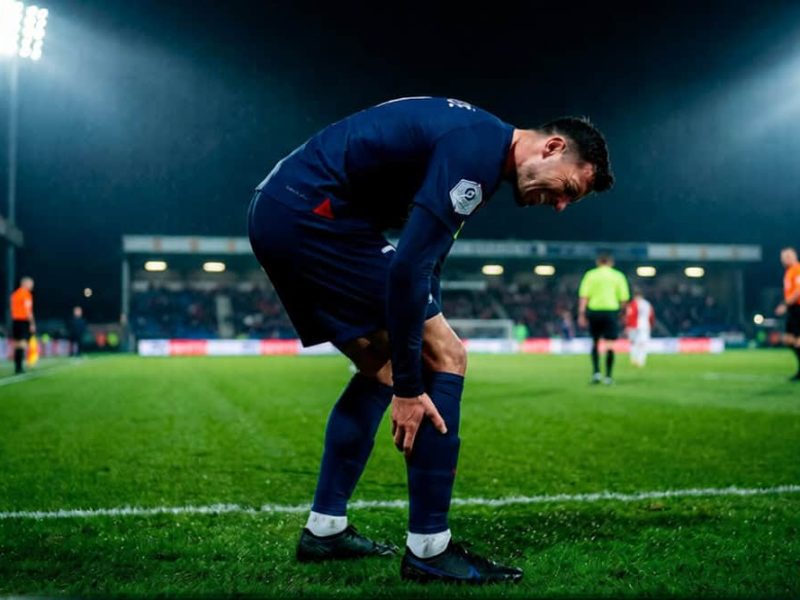 Joueur de football au sol se tenant le mollet à cause d'une crampe musculaire intense en plein match nocturne.