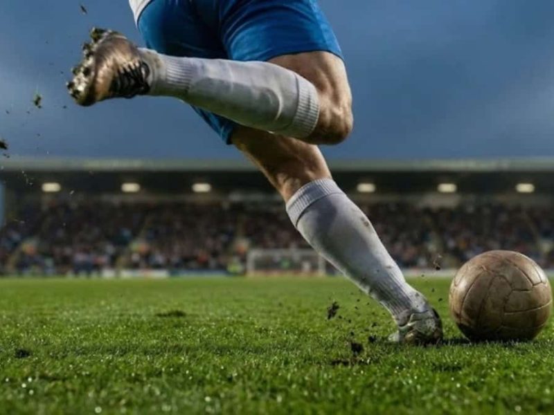 Footballeur professionnel réalisant une frappe, sollicitant ses articulations du genou et de la cheville.