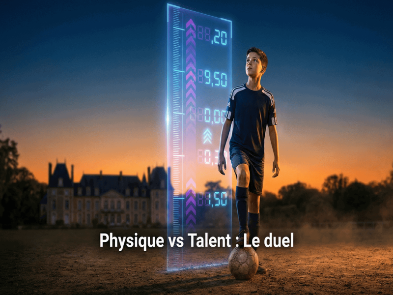 Jeune footballeur technique face à une échelle de mesure géante symbolisant le défi physique en formation.
