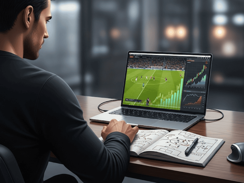 Un parieur sportif analysant sa stratégie de gestion de bankroll devant son ordinateur