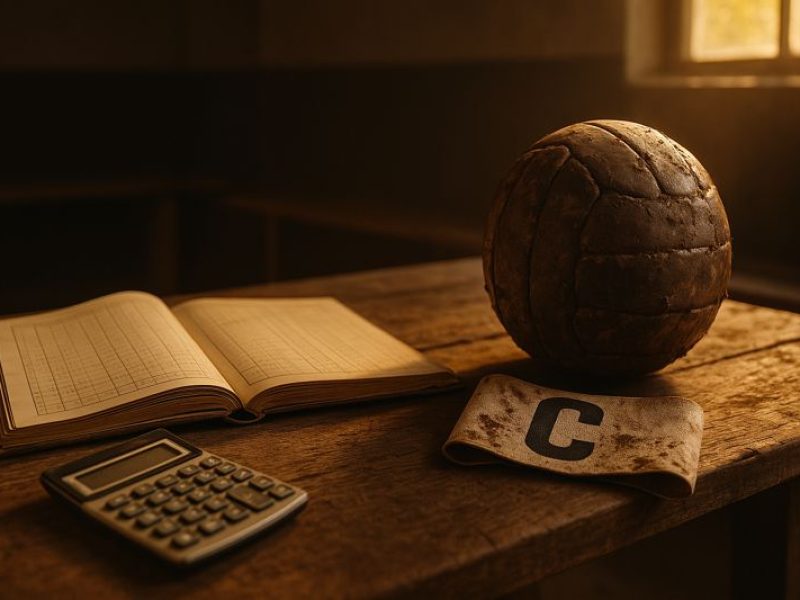 Bureau d'un trésorier de club de football amateur avec comptabilité et ballon.