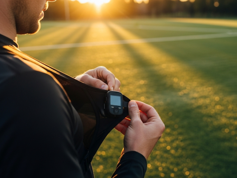 Footballeur amateur ajustant son tracker GPS sur un terrain au coucher du soleil, symbole de l'amélioration des performances