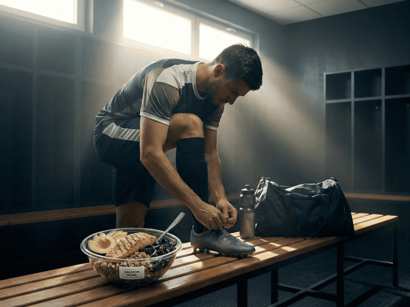 Joueur de football se préparant dans les vestiaires avec un repas sain riche en lipides à ses côtés.