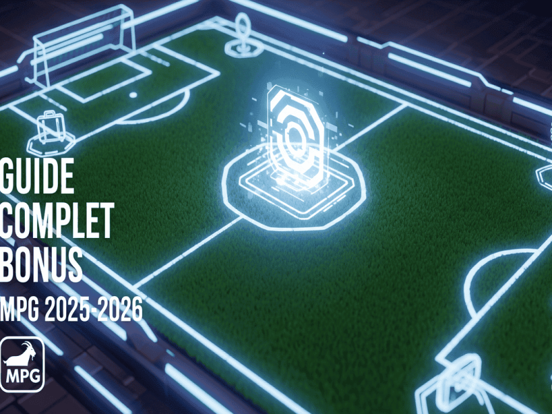 Guide complet des bonus Mon Petit Gazon pour la saison 2025-2026, illustré par un terrain de football stratégique.