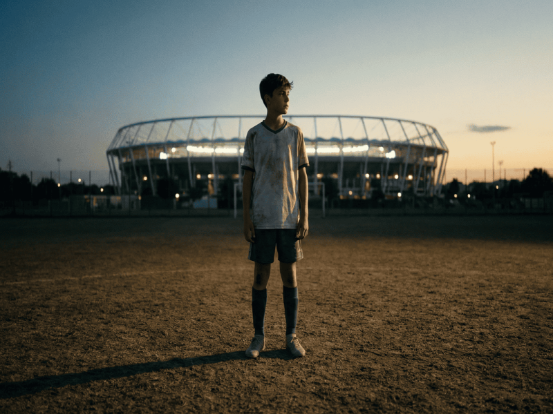 Un jeune joueur de football contemplant un stade professionnel pour illustrer son futur parcours contractuel.