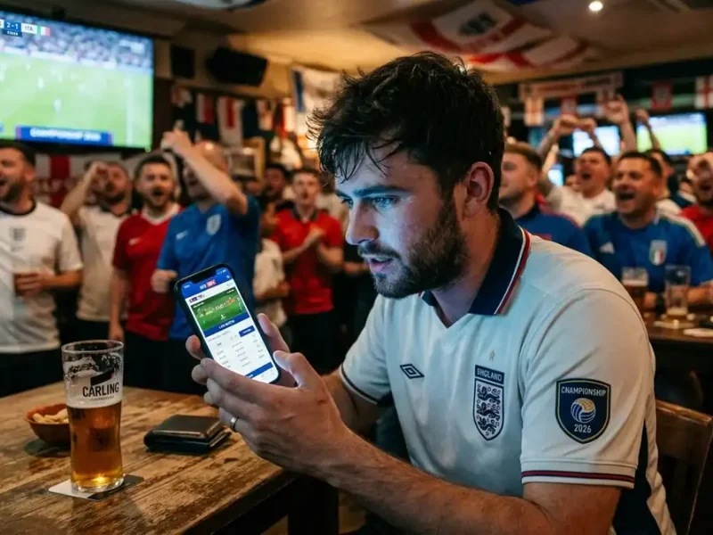 Supporter concentré sur ses pronostics Mon Petit Prono dans un pub pour gagner sa ligue de football 2026.