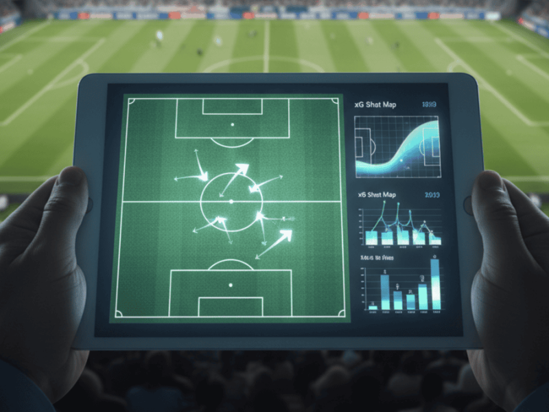 Un analyste étudiant des statistiques de football sur une tablette avec un stade en arrière-plan, illustrant la stratégie des paris Over/Under.