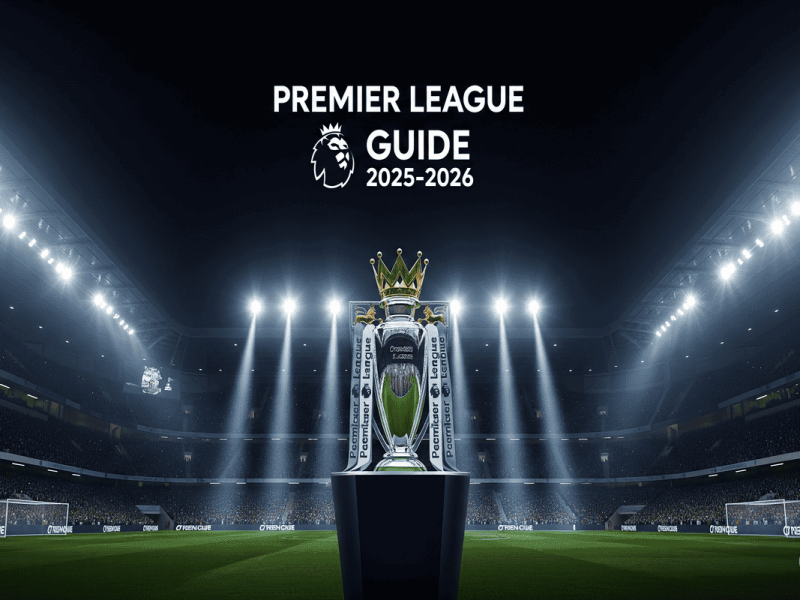 Bannière de l'article guide de la Premier League 2025-2026 avec le trophée et les logos des clubs.