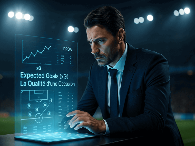 Un analyste de football étudiant des statistiques avancées comme les xG sur un écran holographique.