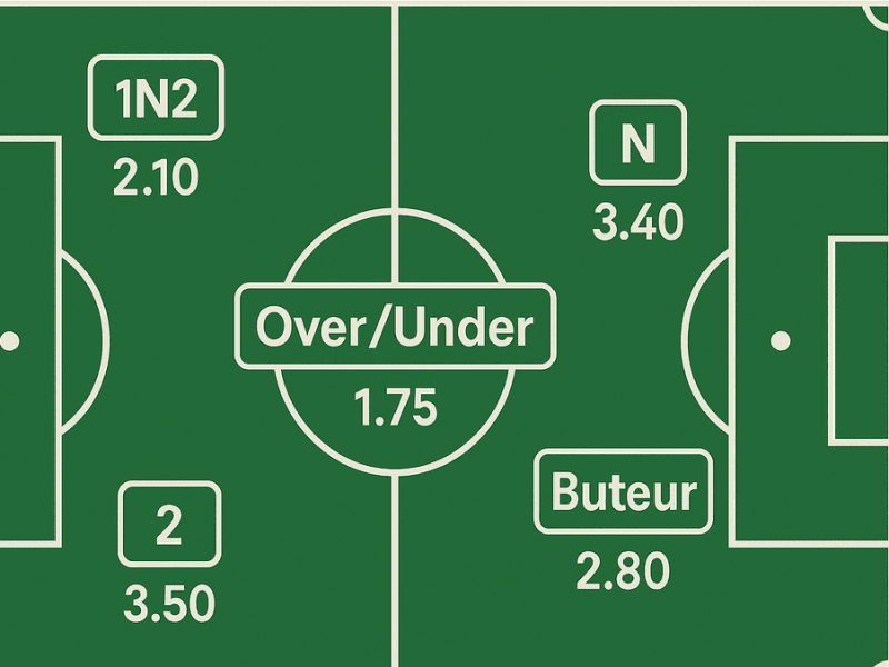 Infographie d'un tableau tactique de football illustrant les différents types de paris sportifs comme le 1N2 et l'Over/Under.