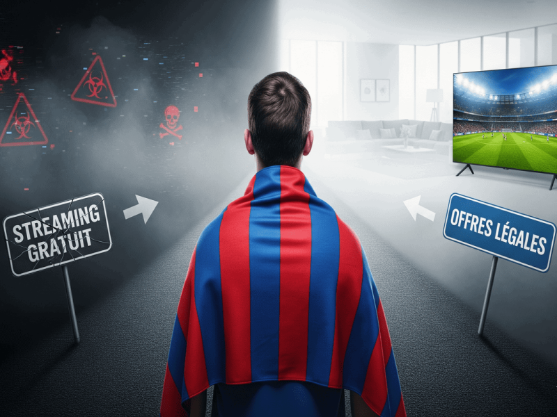 Un supporter de football face à un choix entre le streaming illégal risqué de Hesgoal et les alternatives légales et sûres.
