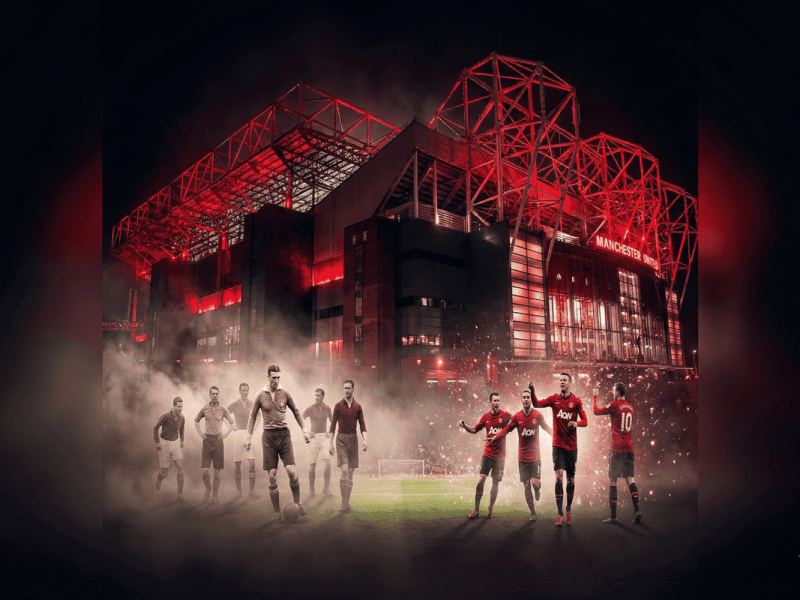 Illustration artistique du Stade Rennais FC mêlant joueurs historiques et stade moderne Roazhon Park.