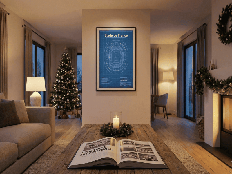 Salon moderne décoré pour Noël avec une affiche de stade minimaliste et un beau livre de football sur la table basse.