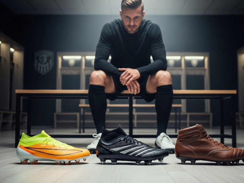 Joueur de football choisissant sa paire de chaussures parmi plusieurs modèles représentant la vitesse, le contrôle et le confort