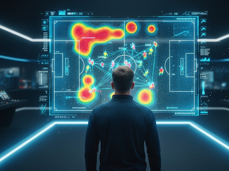 Entraîneur de football analysant des données tactiques sur un écran holographique futuriste, symbolisant l'impact de la data