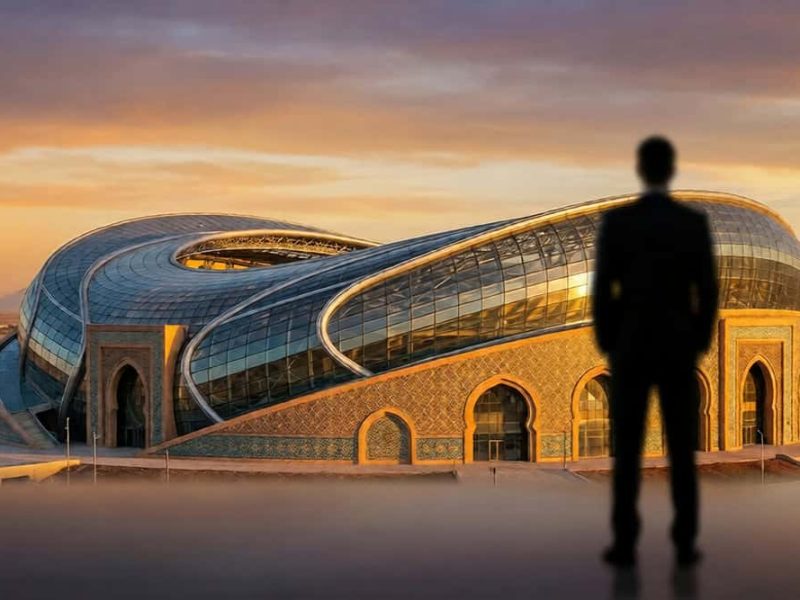 Vue panoramique d'un stade de football moderne au Maroc au coucher du soleil, symbolisant l'investissement économique et architectural de la CAN 2025.