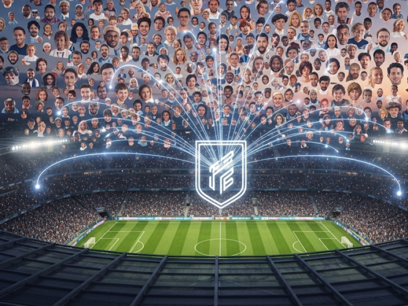 Illustration de l'influence des supporters de football sur l'image d'un club via un réseau numérique mondial connectant les fans à un écusson