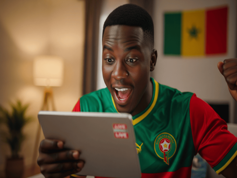 Supporter regardant un match de la CAN en streaming sur tablette.
